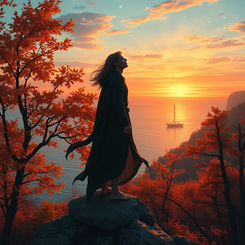 Ethereal Twilight: Mystical Figure in Autumn Landscape