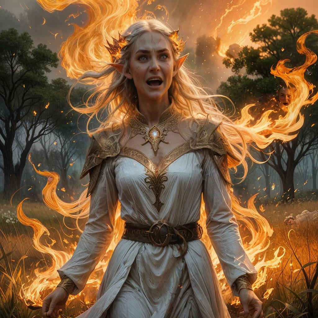 Ethereal Elf in Agony Amidst Fiery Inferno