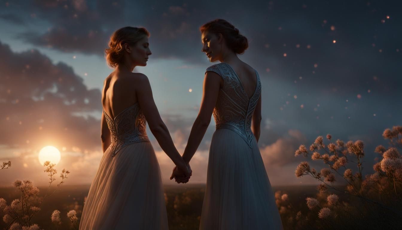 Lesbian Couple Caressing at Sunrise in Cosmic Spring