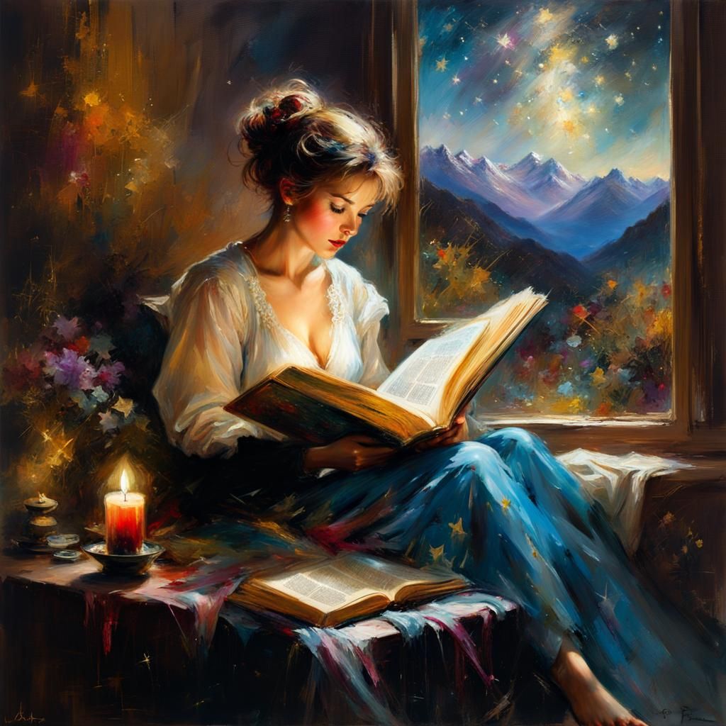 Woman Reading at Night Under Bright Stars