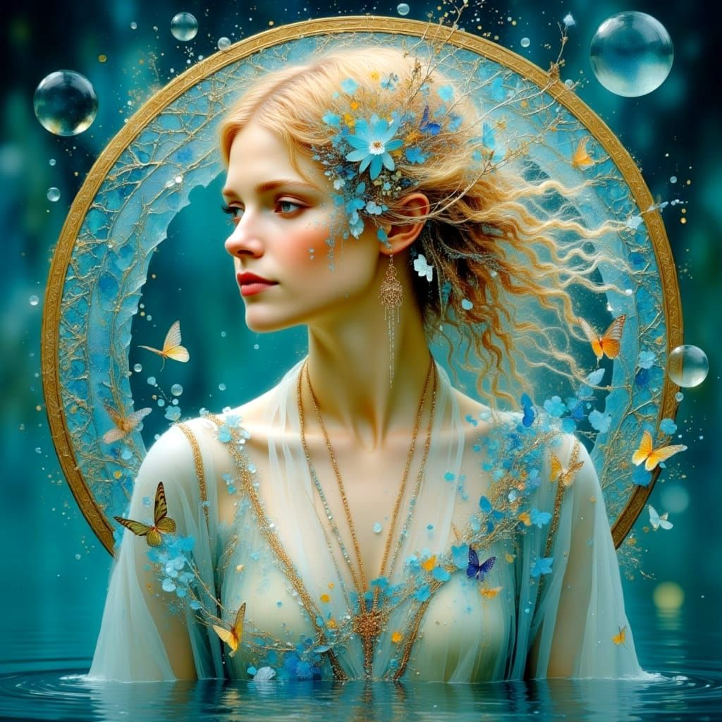Art Nouveau Lake Lady in Dreamy Bubbles