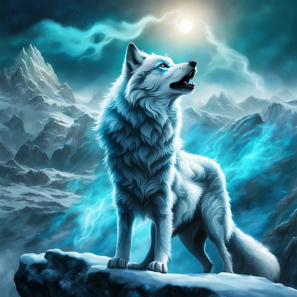 Icy Wolf Howling at Night, Digital Art