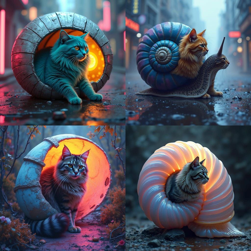 Surreal Cyberpunk Feline Entwines with Vibrant Conical Shell