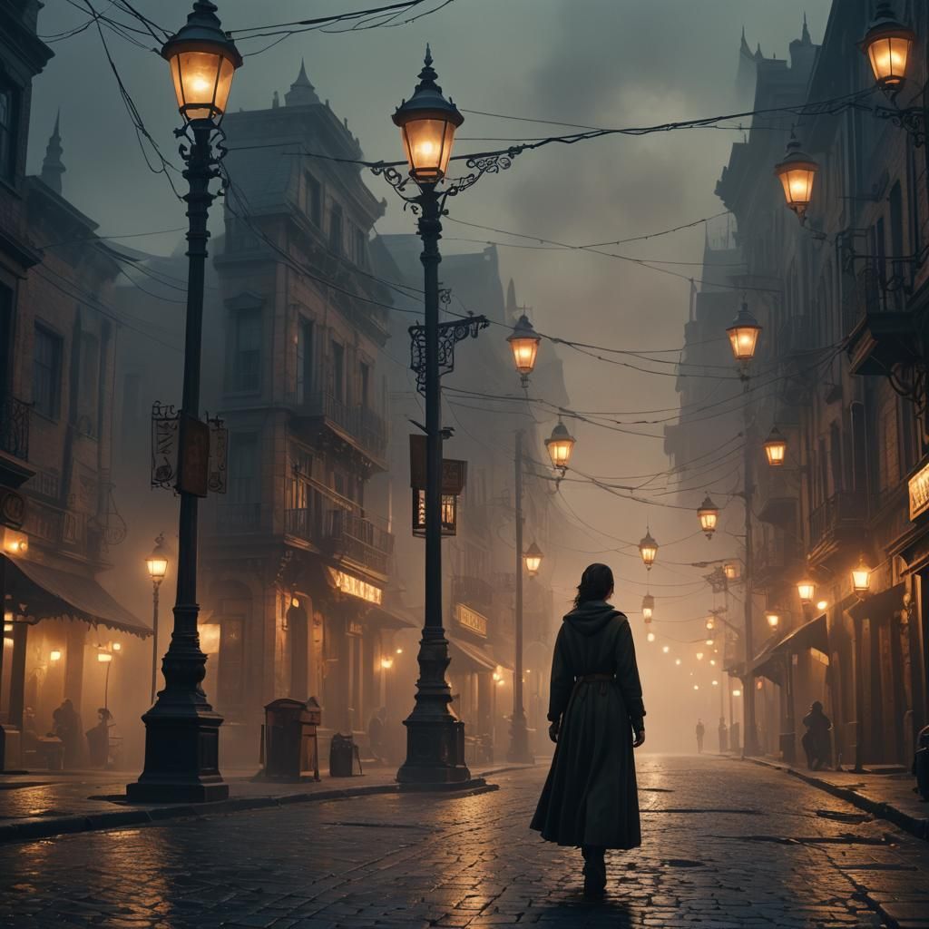 Woman in Foggy Street at Night: Fantasy Concept Art
