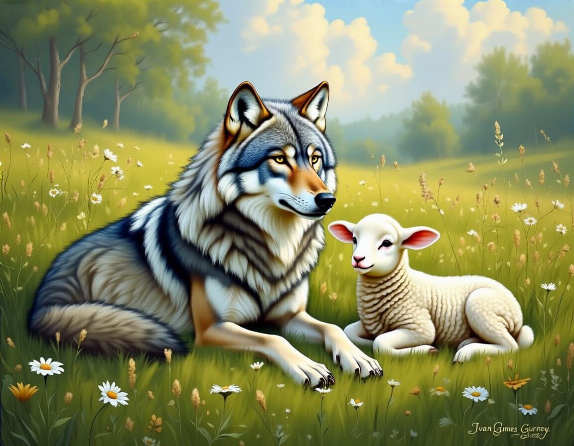 Wolf and Lamb Sitting Together in a Meadow