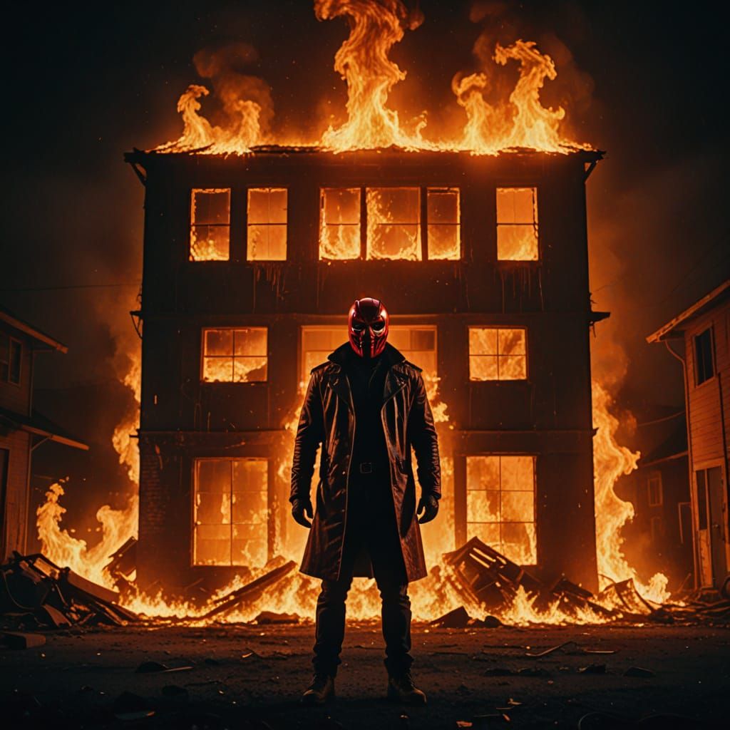 Cinematic Still of Luchador in Front of Burning House