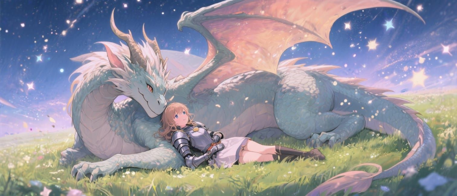 Enchanting Anime Dragon Protects Knight in Meadow