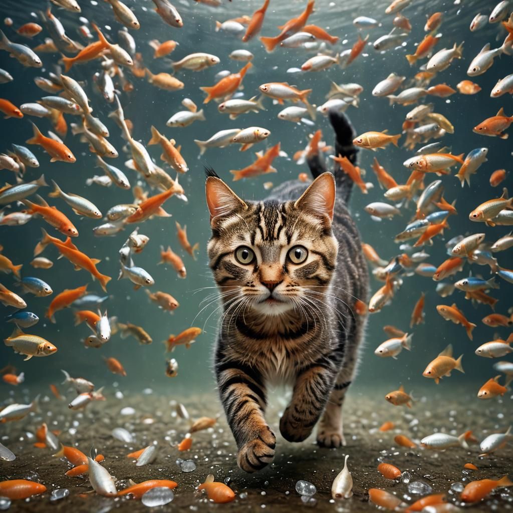 Whimsical Cat Portrait Stealing Fish, Professional Photograp...