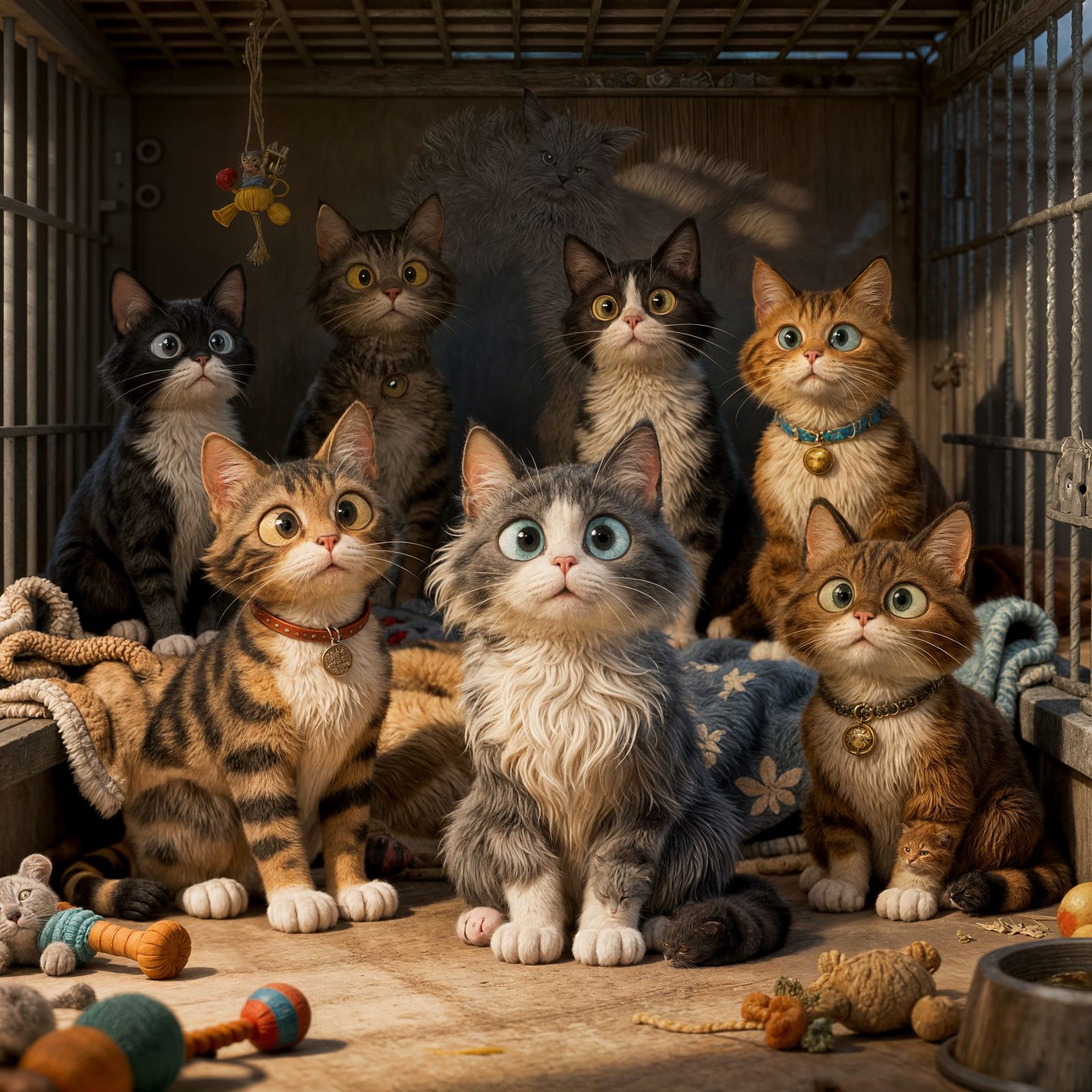 Whimsical Cat Shelter Scene in Arthur Rackham Style