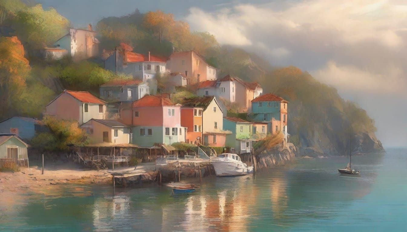 Misty Coastal Village in Soft Sunlight