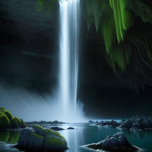 Stand beside a cascading waterfall as the moon bathes the sc...