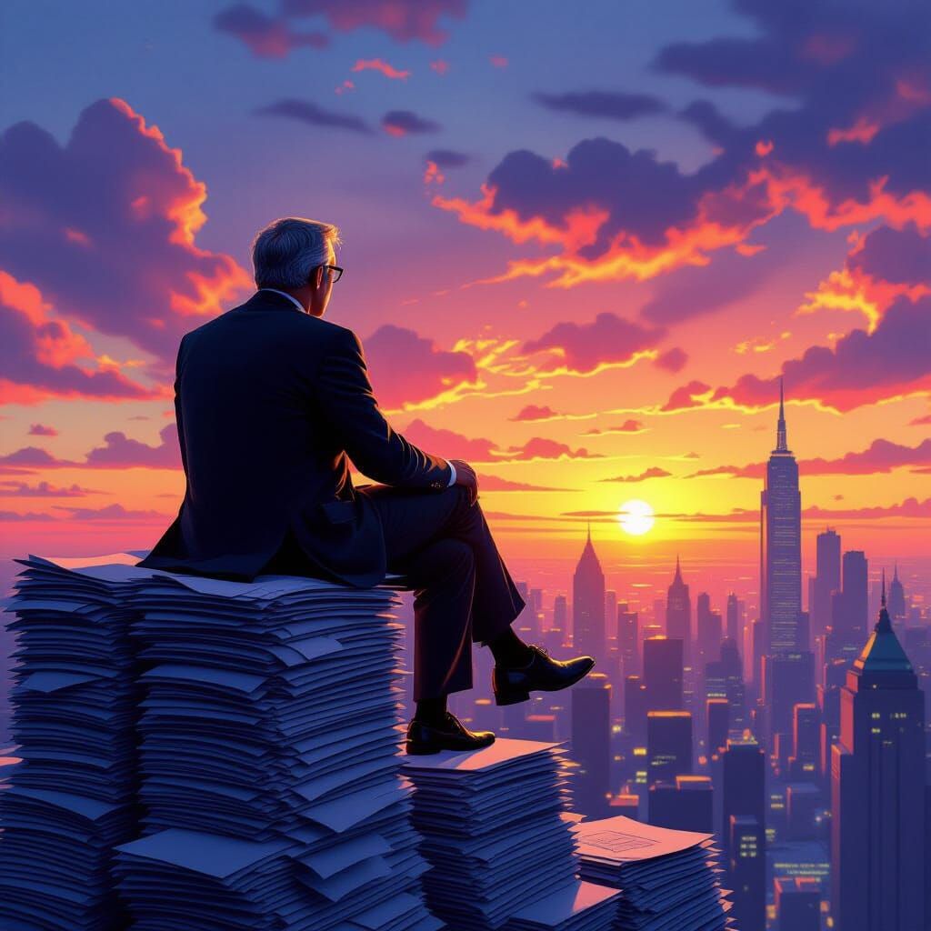 Retro-Futuristic Businessman Contemplates City Sunset