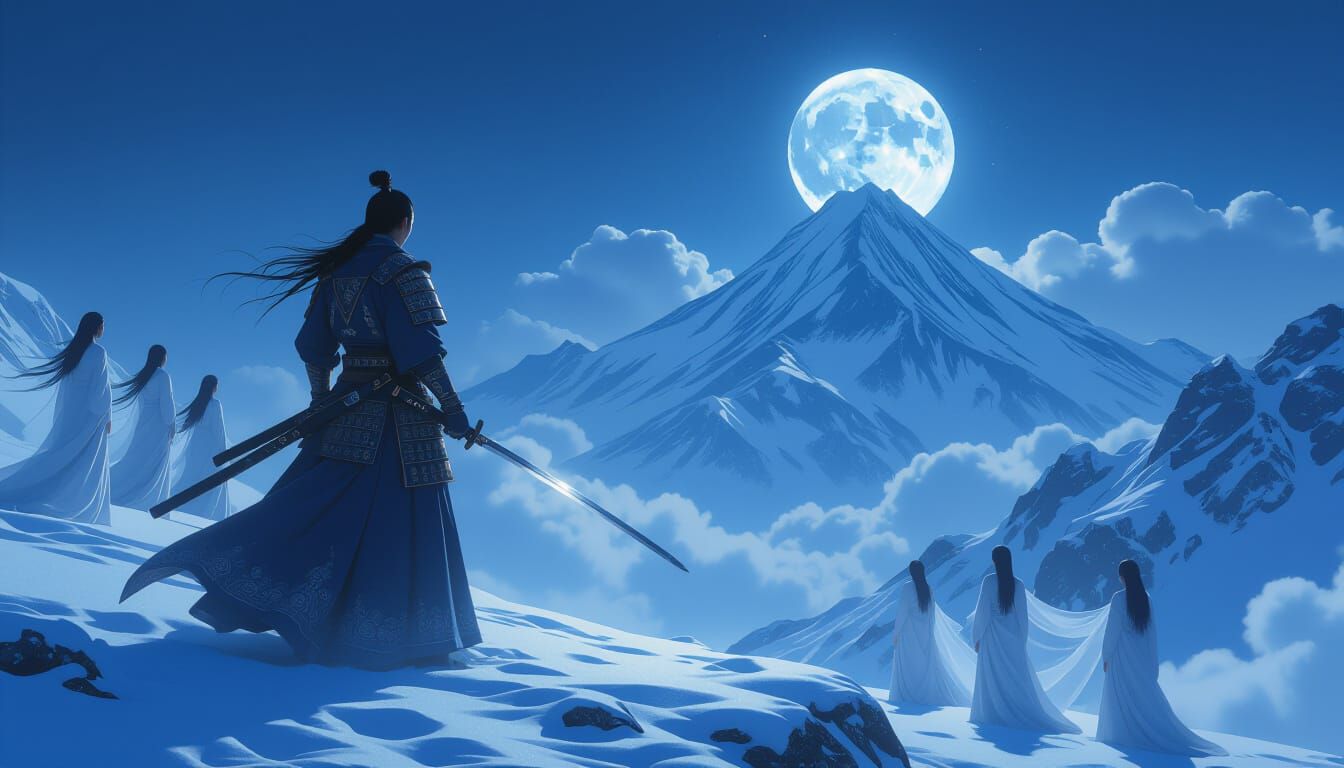 Samurai on Snowy Mountain, Hyperrealistic Oil Painting