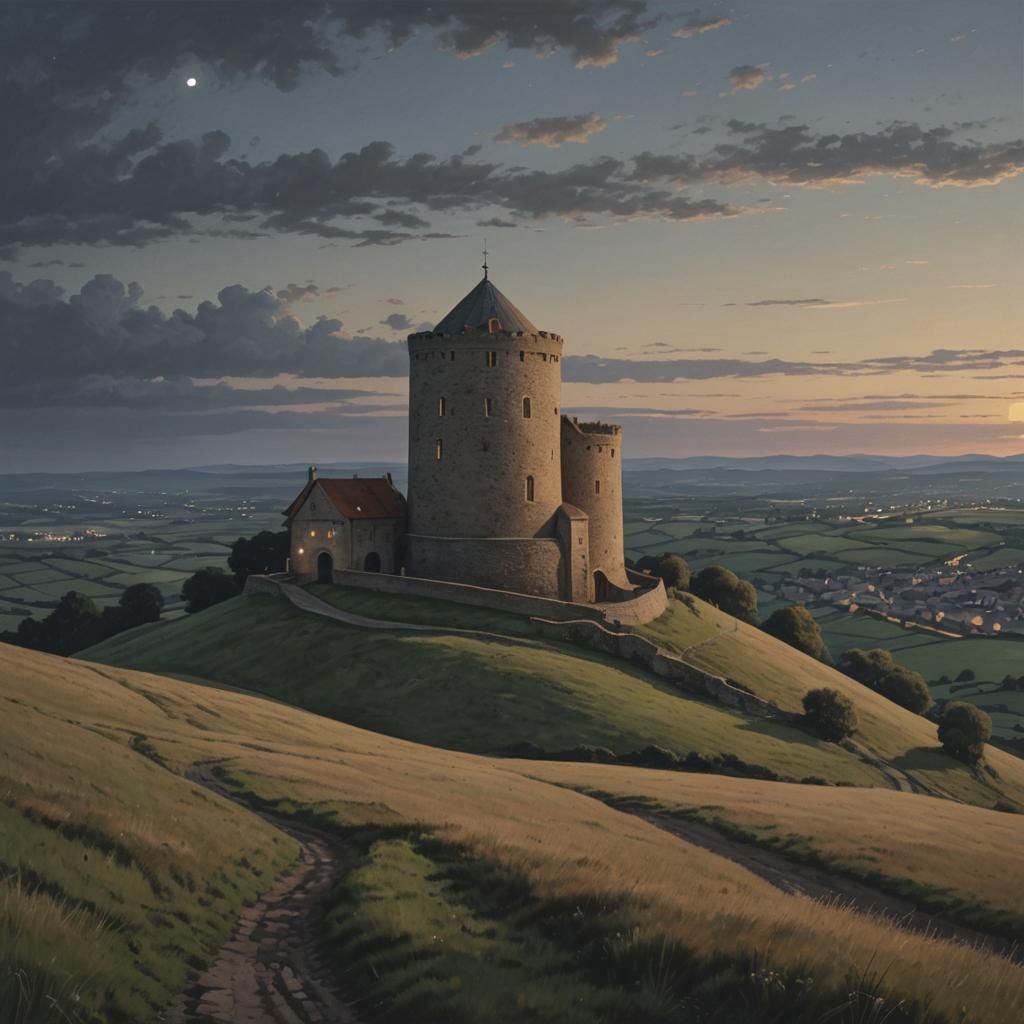 Plain Round Tower on Hill at Night