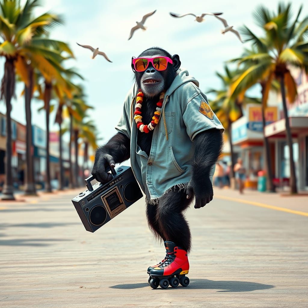 Chimpanzee on Rollerblades in Beach Town