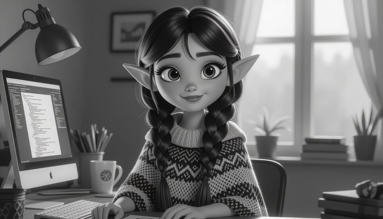 Alien Pixie Programmer in Grayscale Charcoal Style