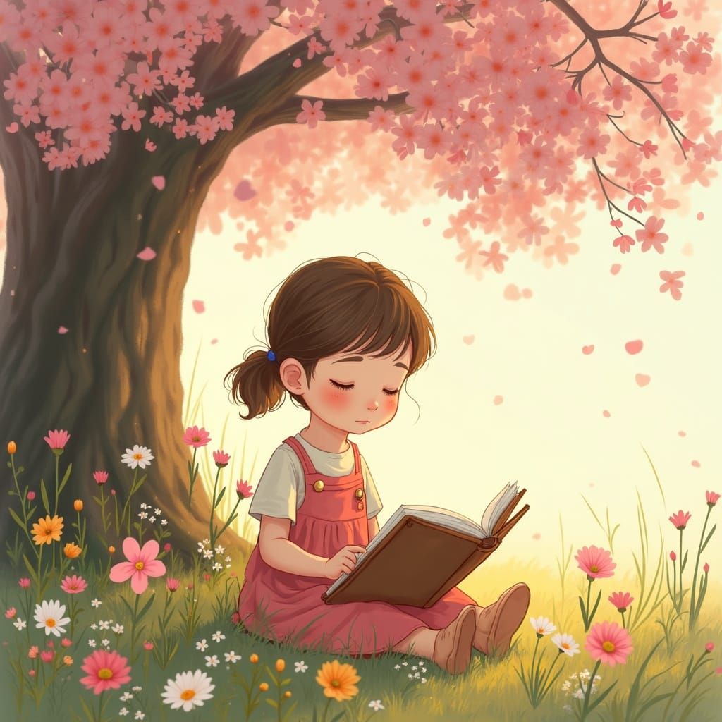 Girl Sketching Under Cherry Blossoms with Wildflowers