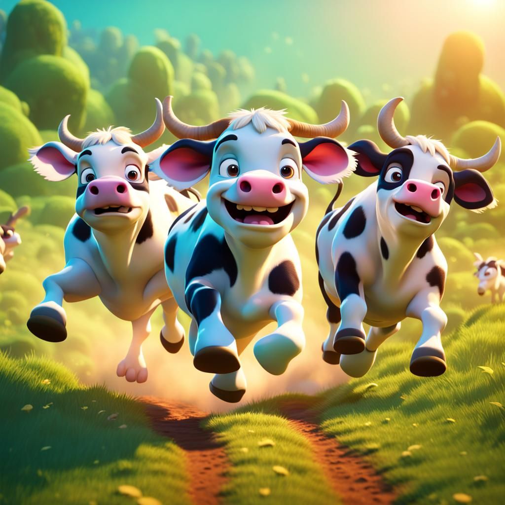 Calves Running in Field: Pixar-Style 3D Render