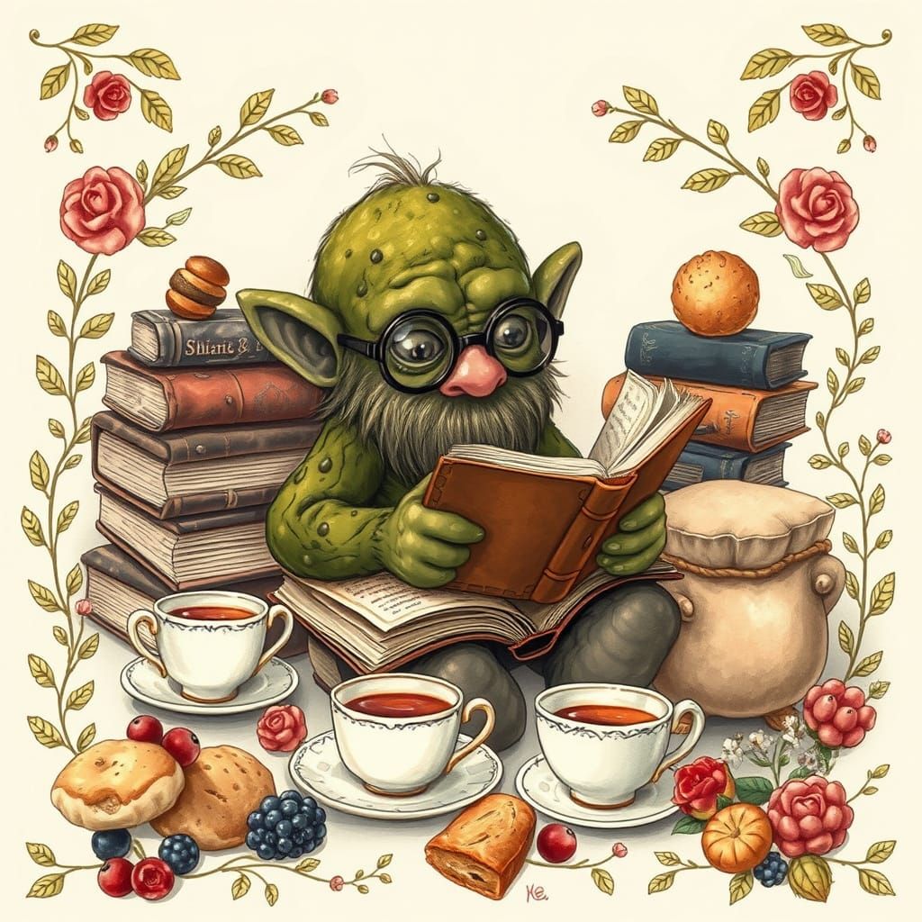 Whimsical Rock Troll Reading Book With Tea
