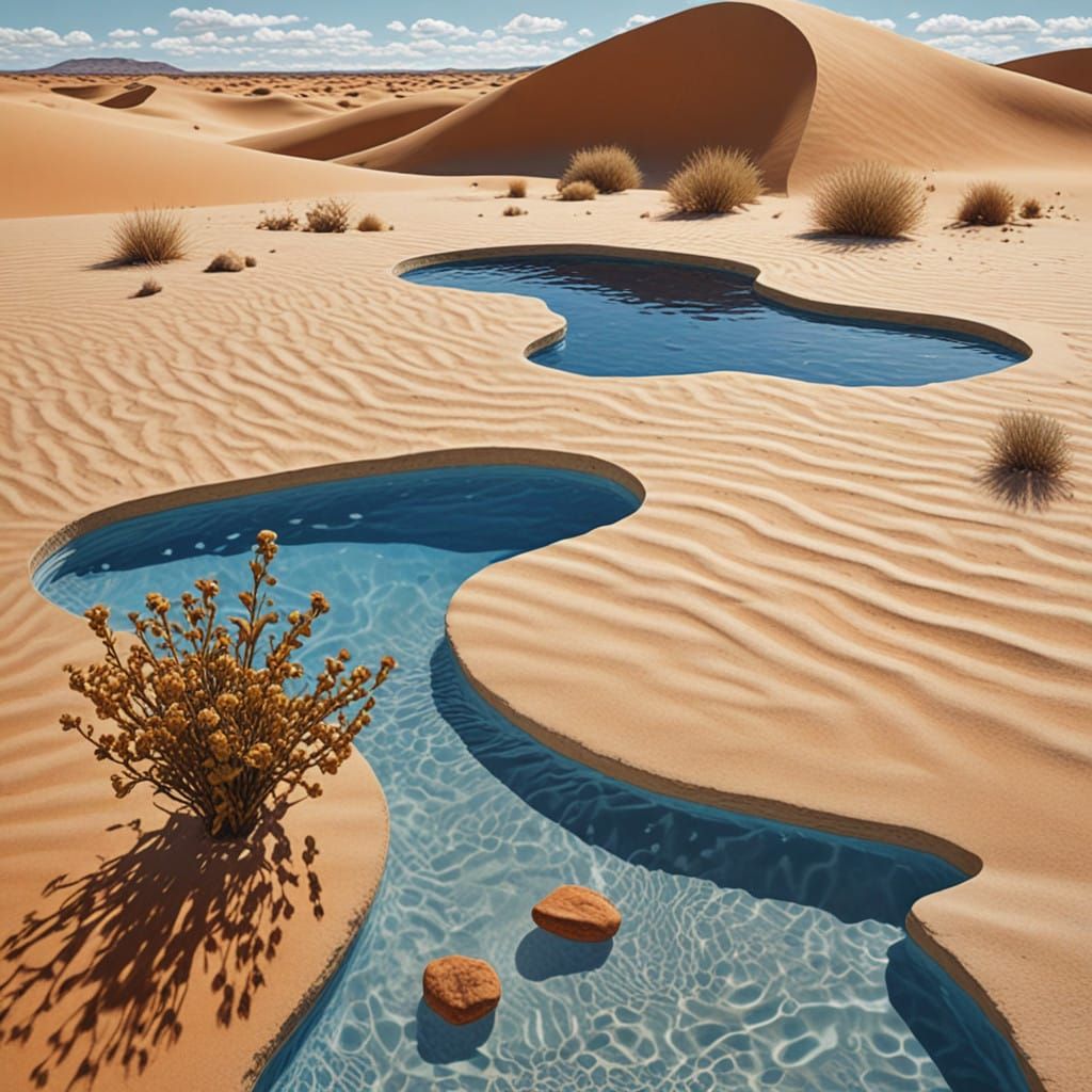 Surreal Desert Oasis with Kittens and Real Water