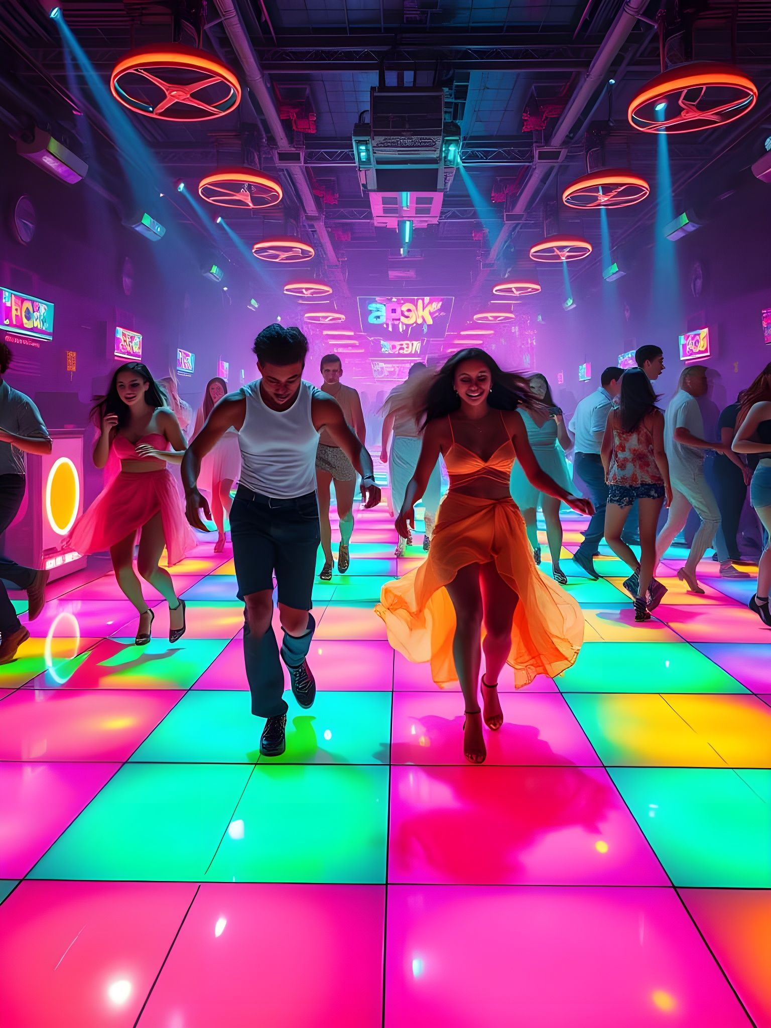 Ethereal Disco Scene Unfolds Under Vibrant Neon Lights