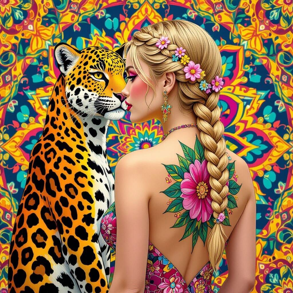 Leopard and Woman with Body Art in Pop Surrealism Style