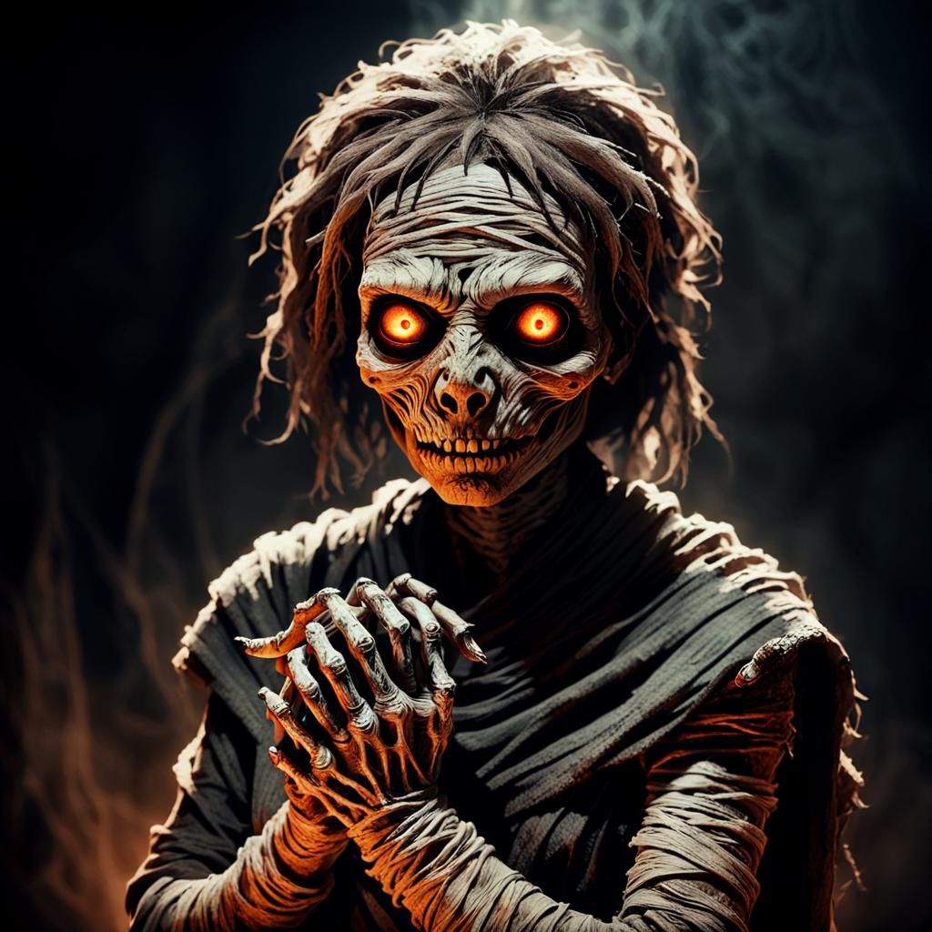 Eerie Female Mummy with Glowing Eyes in Gothic Horror Style