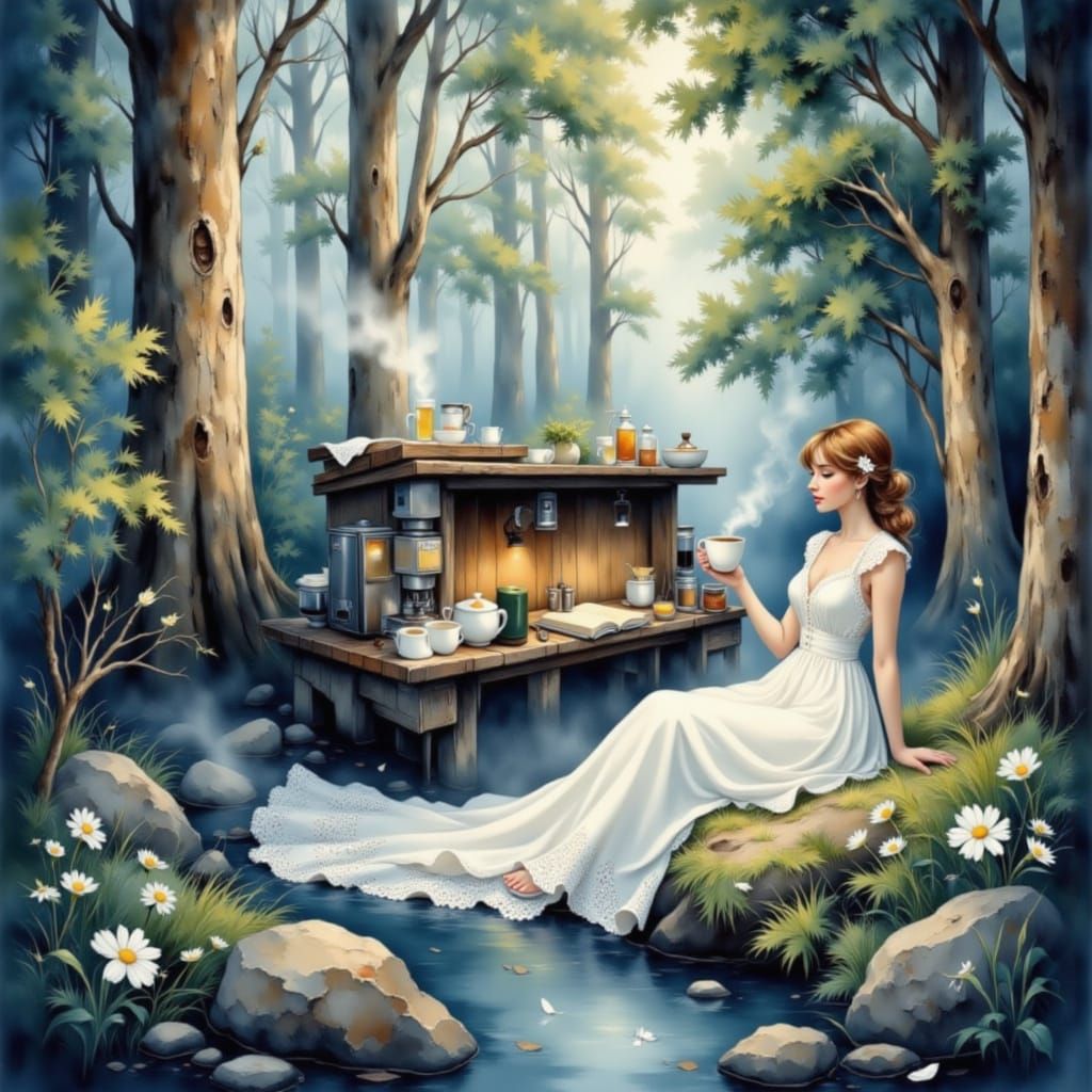 Woman with Coffee in Misty Forest Watercolor Painting