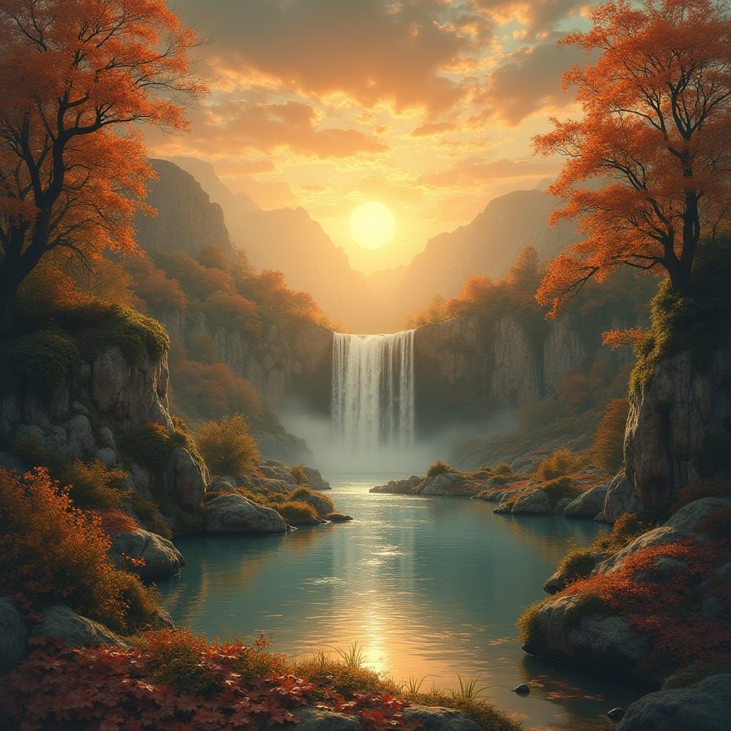 Autumn Sunset Waterfall on Ancient Parchment