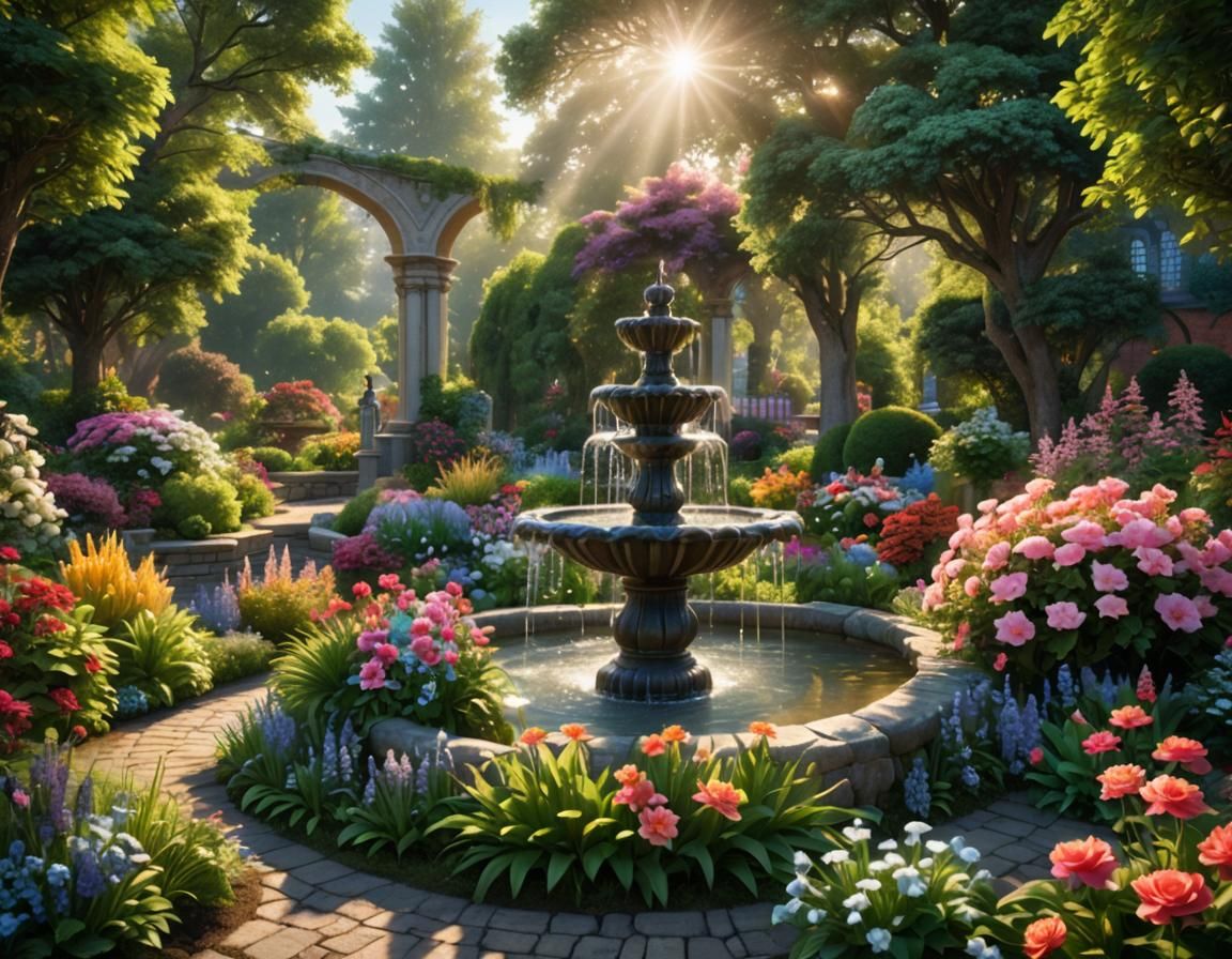 Beautiful Flower Garden with Water Fountain in Sunlight