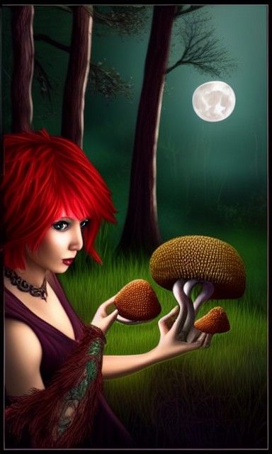 Red-Haired Witch Collecting Metallic Mushrooms