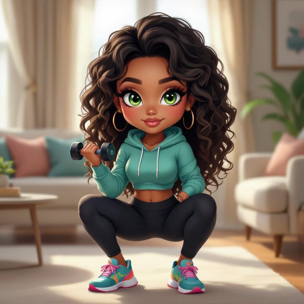 Pixar-Style Chibi Woman in Luxury Living Room