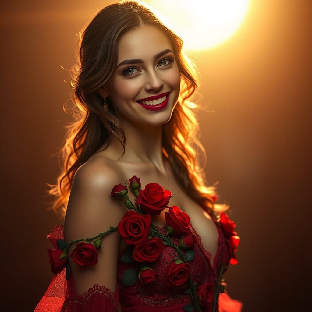 Australian Woman in Red Rose Dress, Whimsical Fantasy