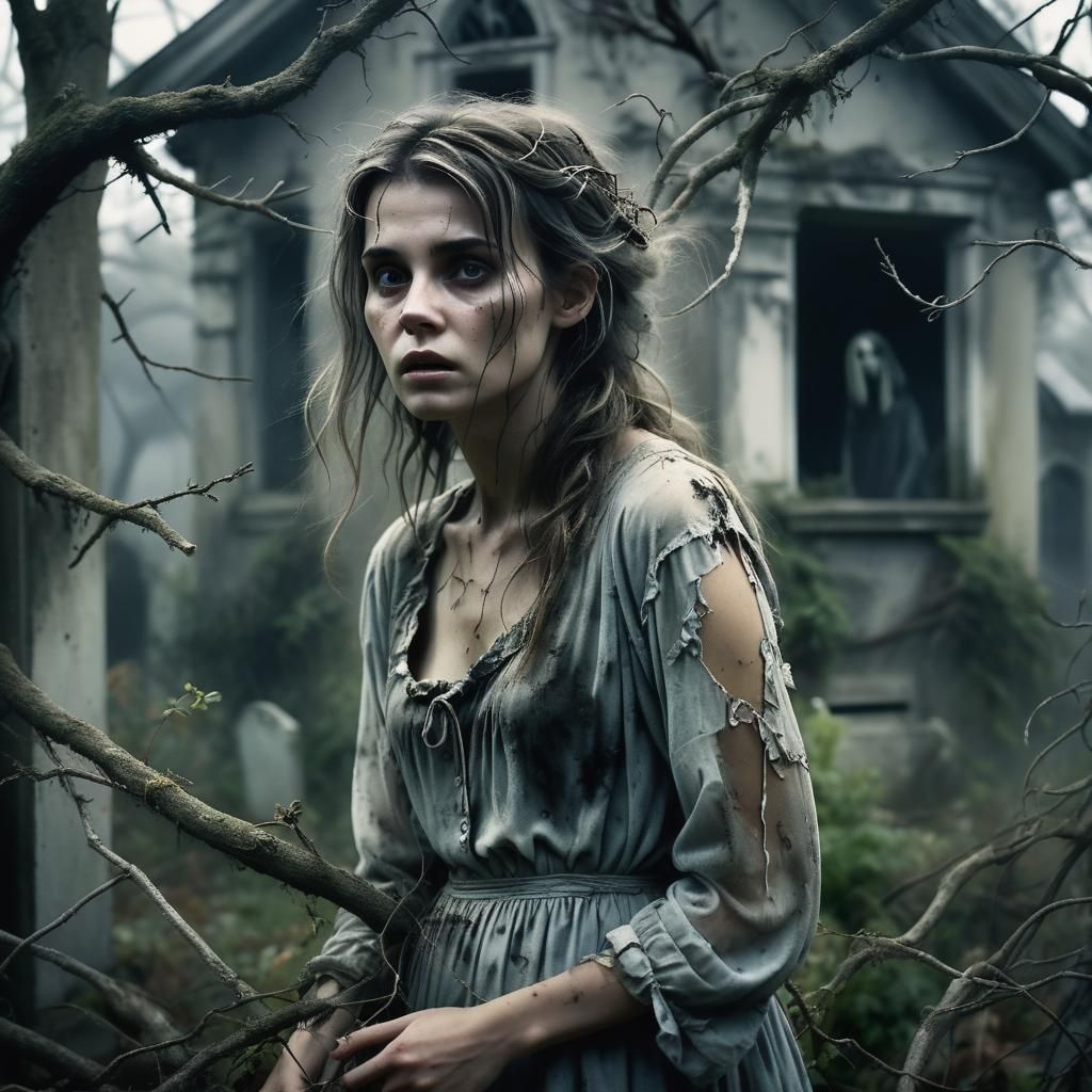 Ethereal Realism: Woman Scared by Haunted House