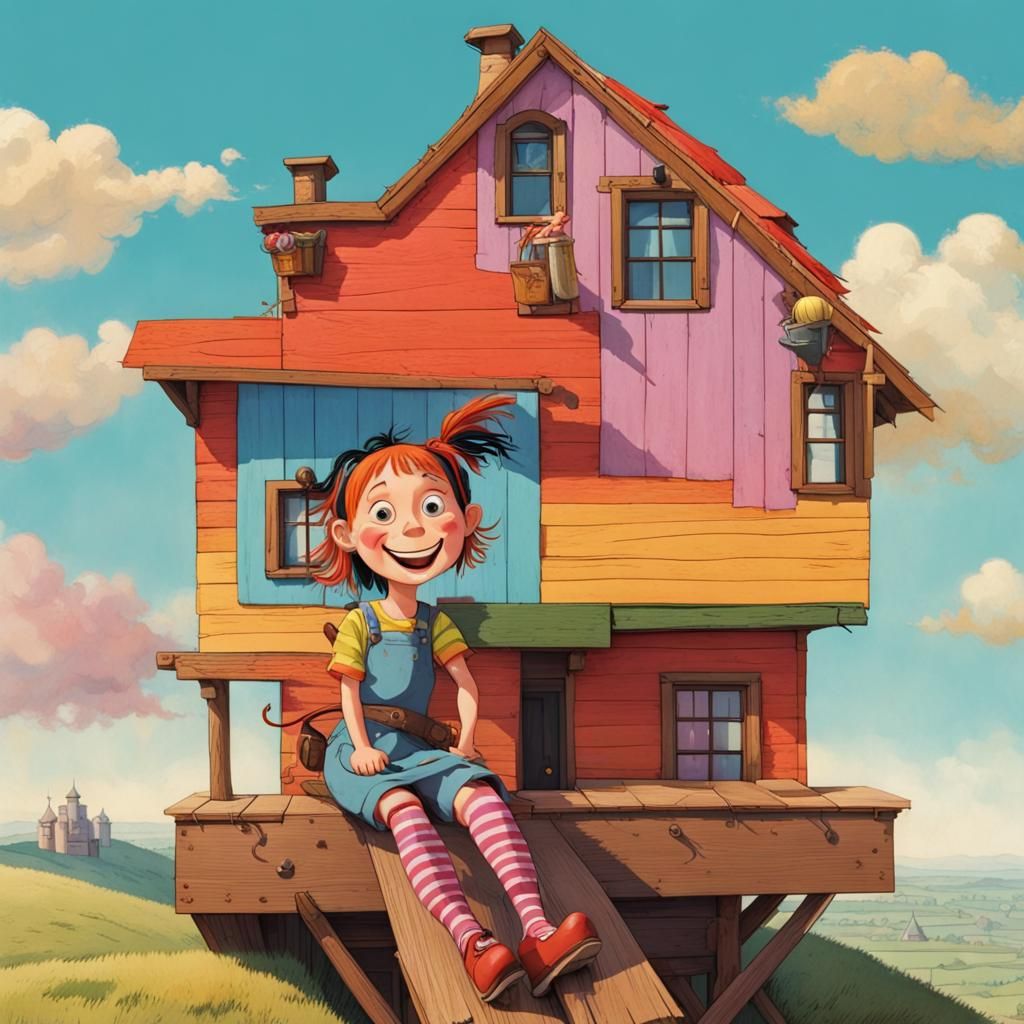 Pippi Longstocking on Colorful Crooked House Roof