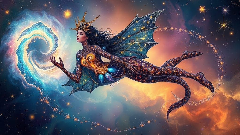 Celestial Goddess Blodeuwedd in Cosmic Nebula