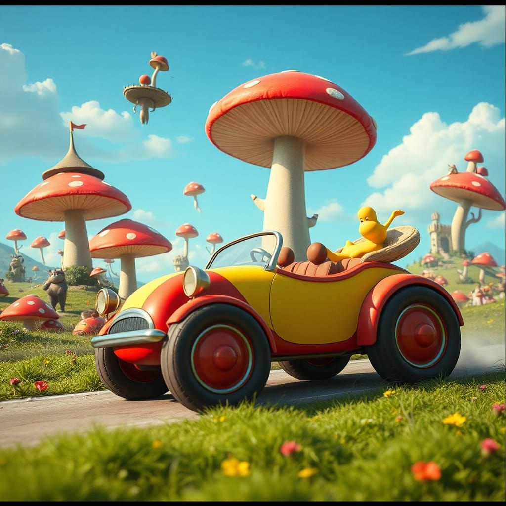 imagine a quirky, cartoon-style car with oversized wheels an...