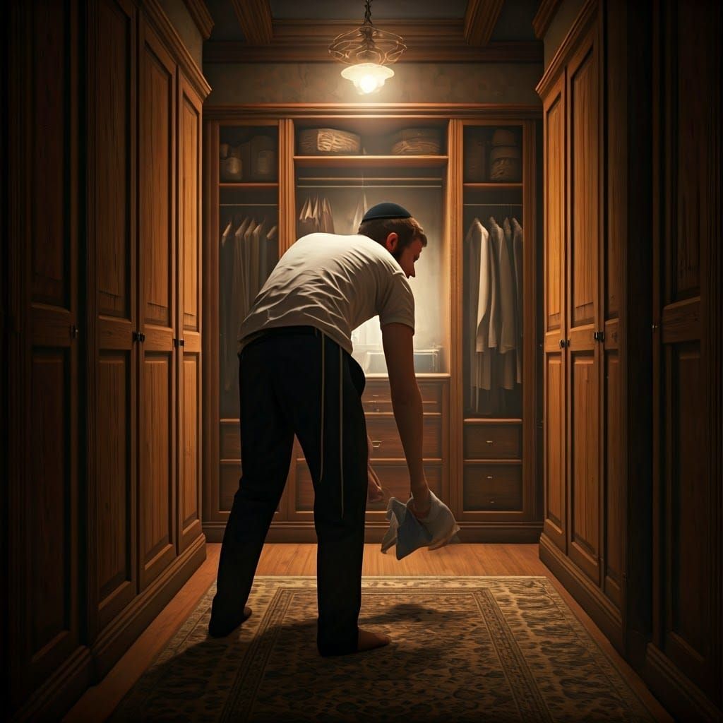 Hasidic Man Cleaning Closet: Matte Painting Style