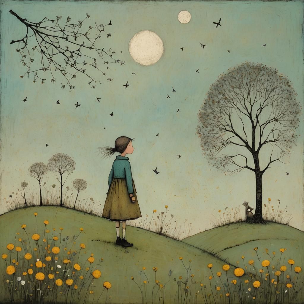 Little Girl with Dandelions in Surreal Style