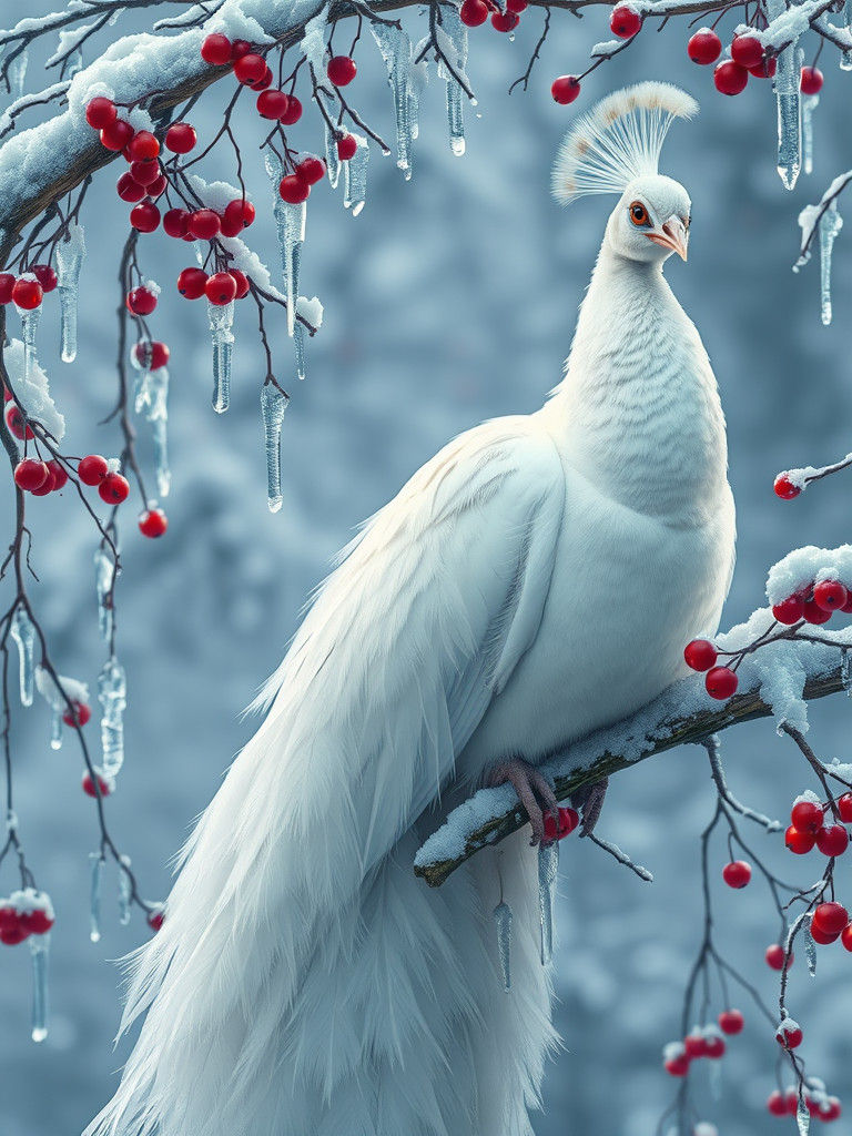 Majestic White Peacock in Winter Wonderland