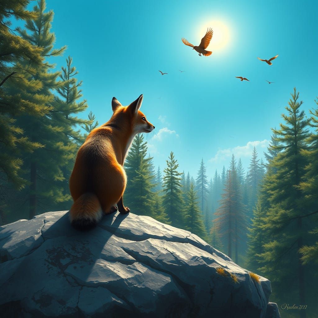 Majestic Red Fox and Elegant Deer in a Sunlit Pine Forest