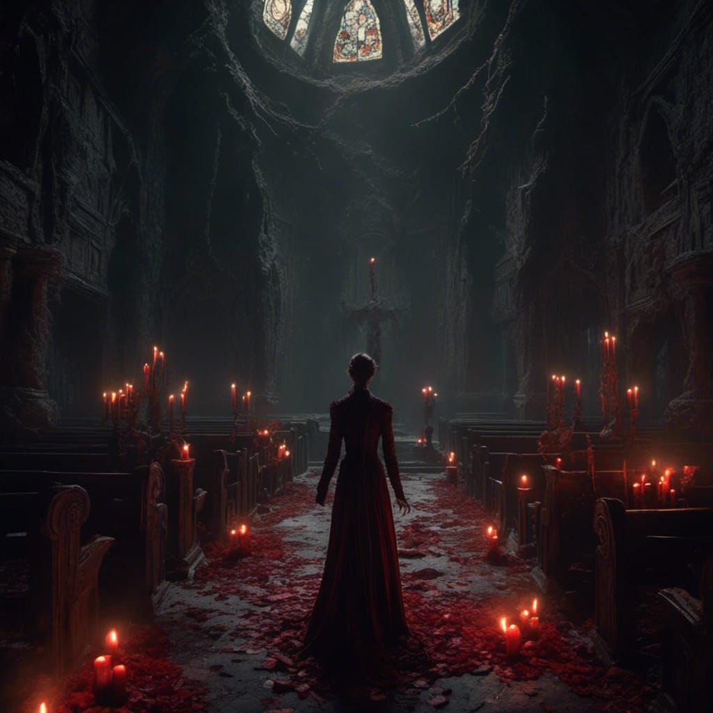 Eerie Figure in Abandoned Church: Dark Fantasy Art