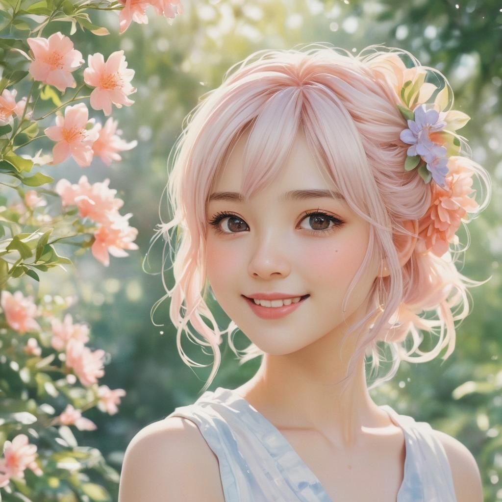 Smiling Anime Girl in Garden, Watercolour Portrait