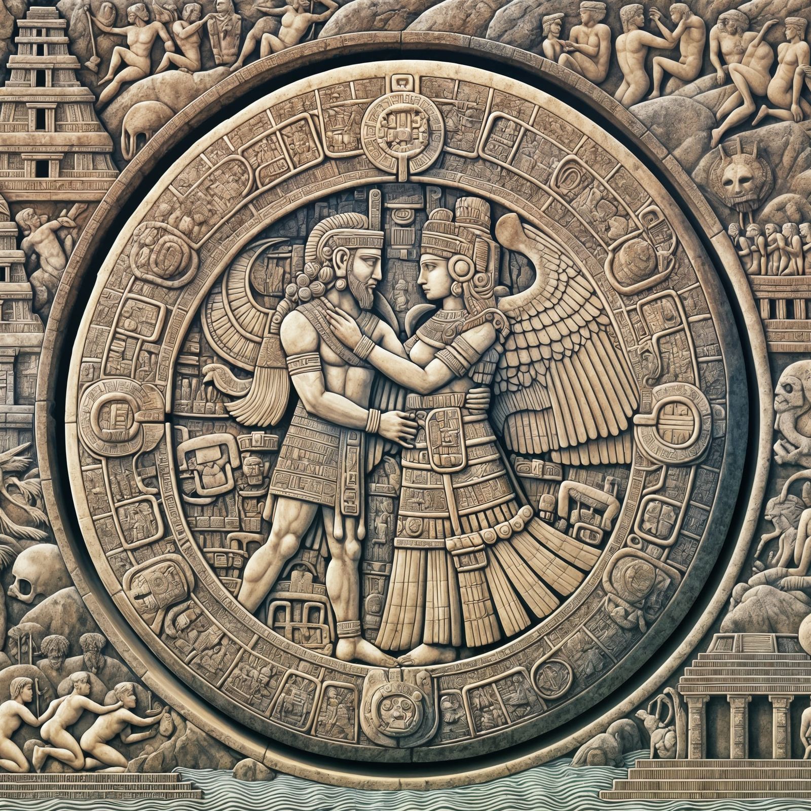 Ancient Gods in Flight, Mayan-Inspired Stone Disk