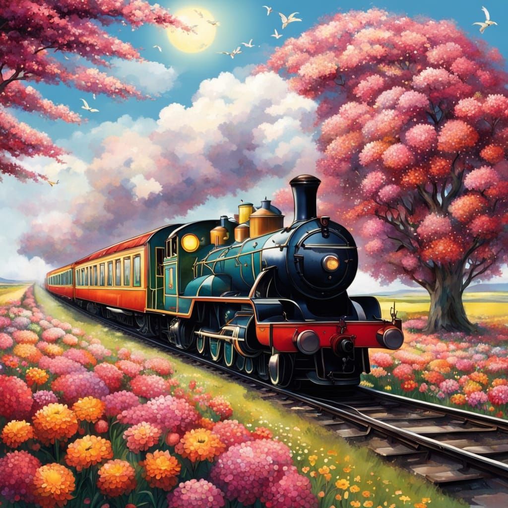 Festive Lantern Train Crosses Flower-Covered Plain