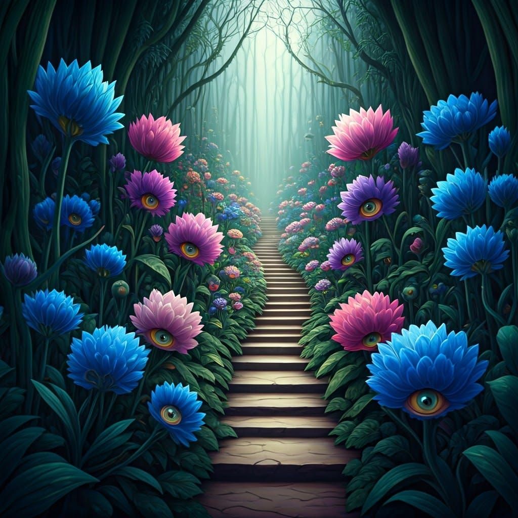 Whimsical Garden of Watchful Blooms in Dreamlike Atmosphere