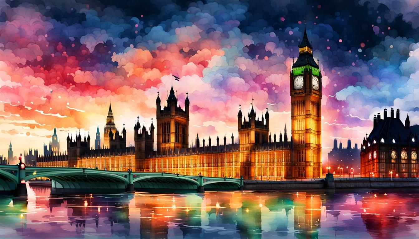Parliament and Big Ben at Dusk: Watercolor Illustration
