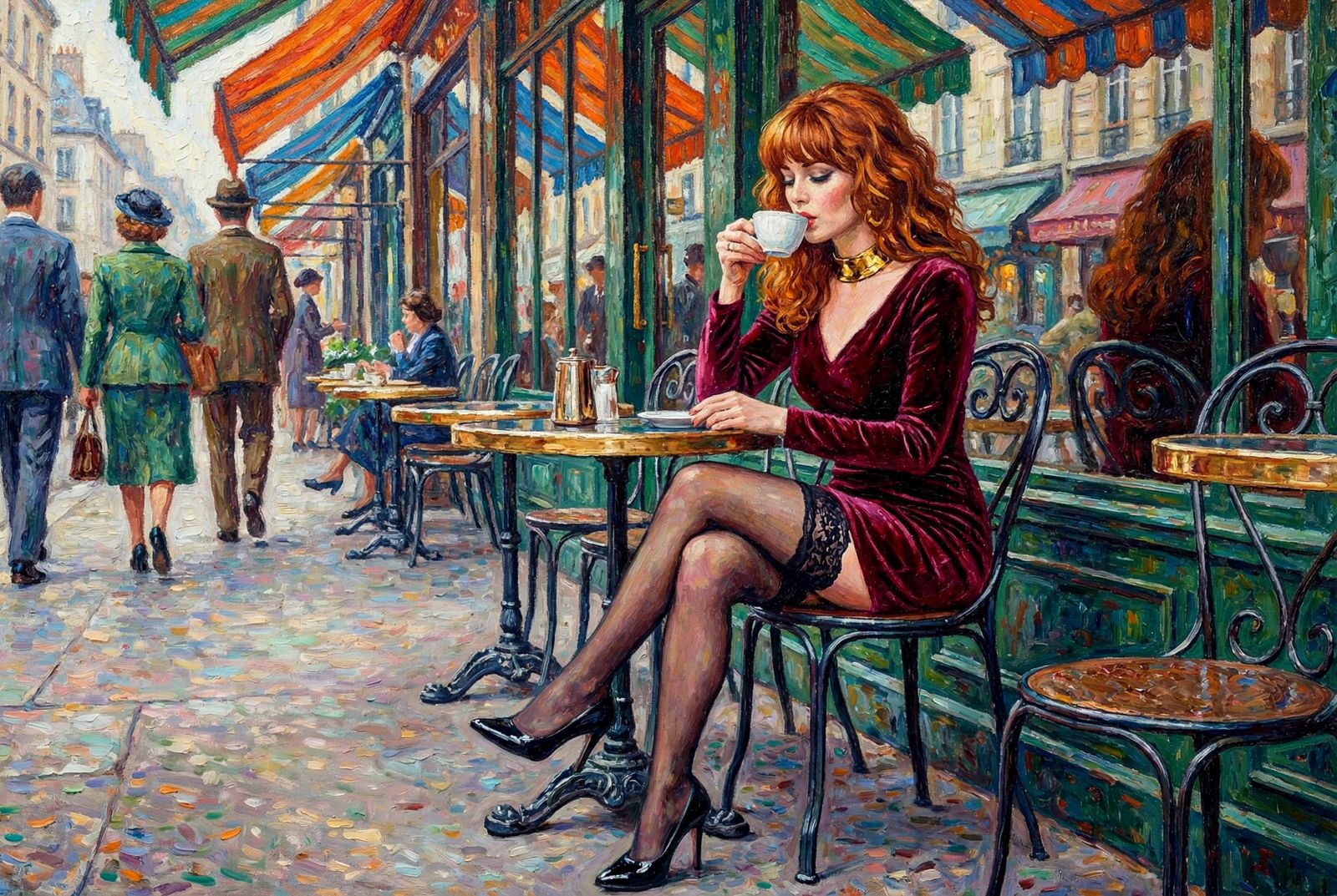 Elegant Woman in Burgundy Dress at Cafe, Neo-Impressionist S...