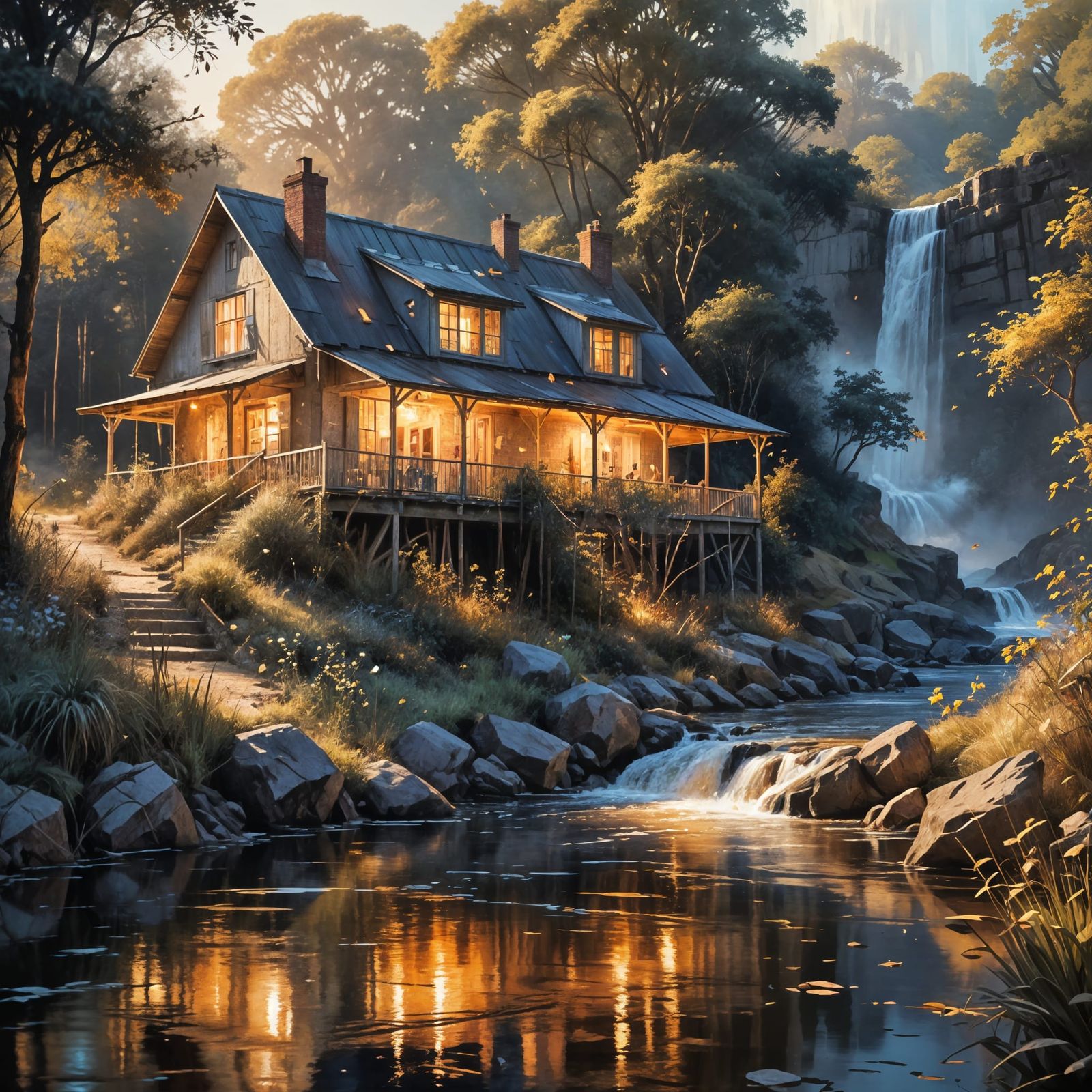 Riverside Inn in Impressionist Oil Painting Style