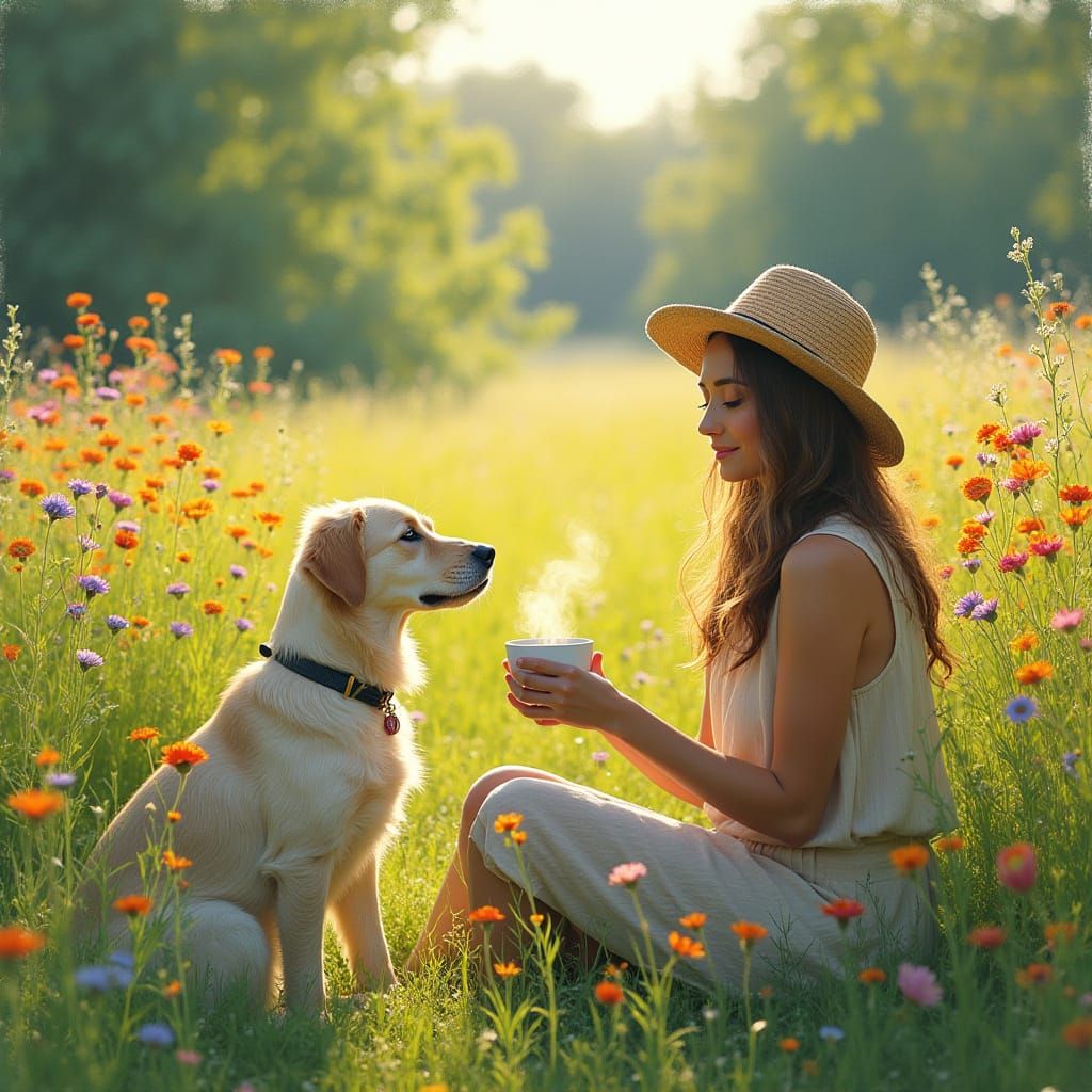 A Serene Woman in a Lush Meadow with Coffee and Dog